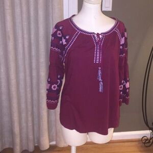 BOHO Embroidered cranberry color top - Petite Med -NWT